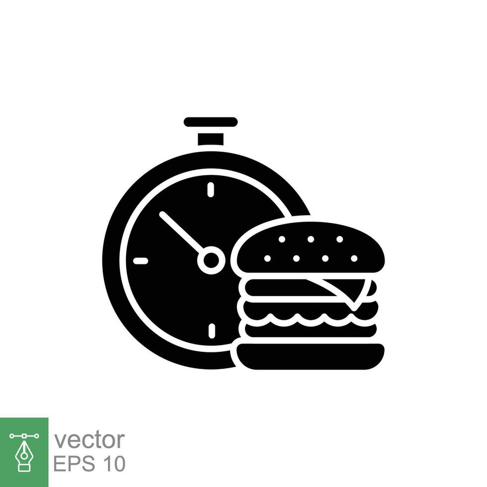 Burger with stop watch icon. Simple solid style. Food service, order, fast and express delivery concept. Silhouette, glyph symbol. Vector symbol illustration isolated on white background. EPS 10.