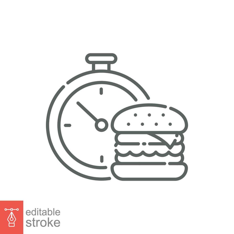 Burger with stop watch icon. Simple outline style. Food service, fast and express delivery concept. Thin line symbol. Vector symbol illustration isolated on white background. Editable stroke EPS 10.