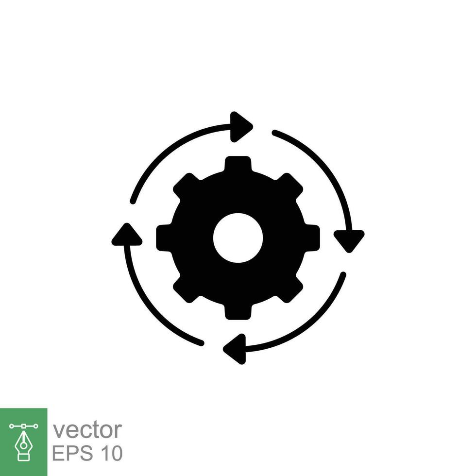 Gear workflow progress icon. Simple solid style. System, procedure, cog, gear with arrow, management concept. Silhouette, glyph symbol. Vector symbol illustration isolated on white background. EPS 10.