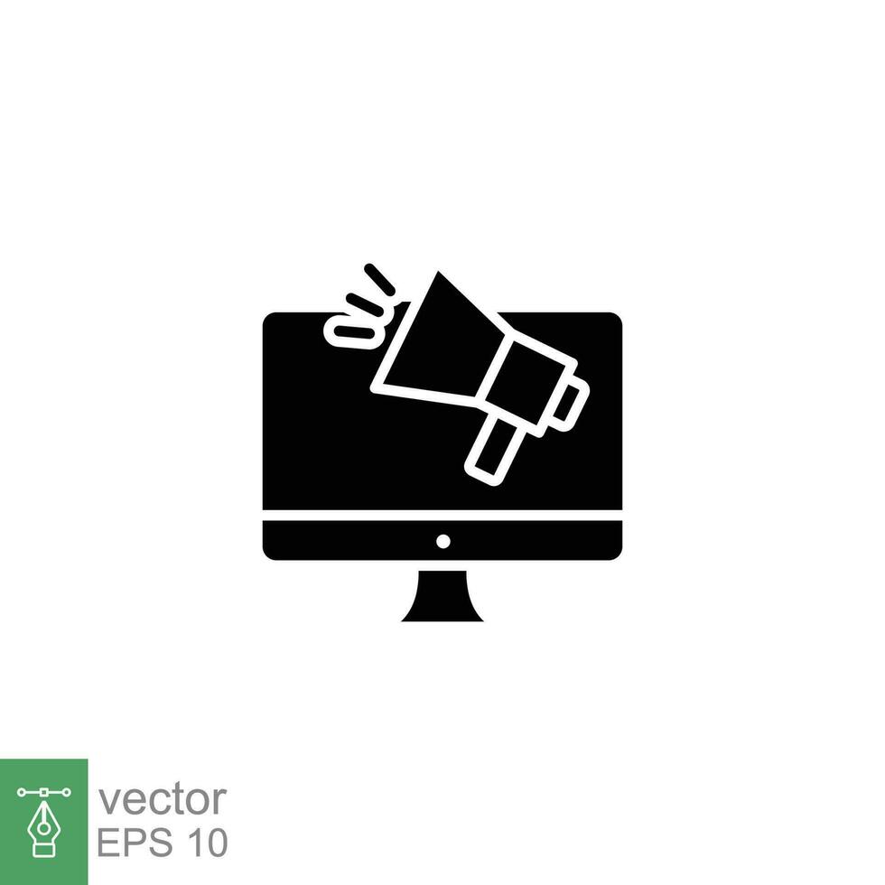 Megaphone on computer icon. Simple solid style. Digital marketing campaign, online promo, business concept. Silhouette, glyph symbol. Vector symbol illustration isolated on white background. EPS 10.