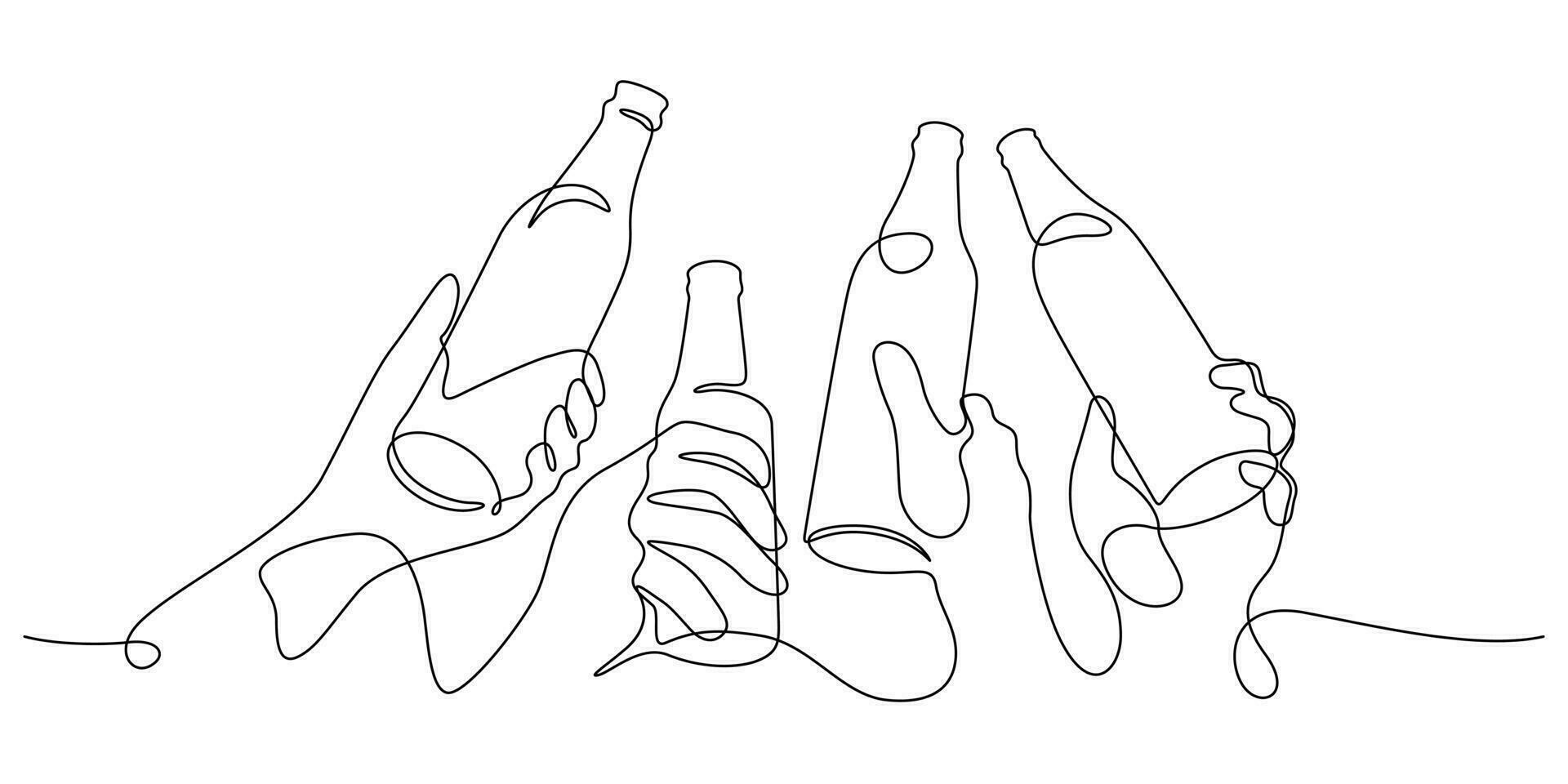 beer clinking toasting with bottles in celebration party one line vector