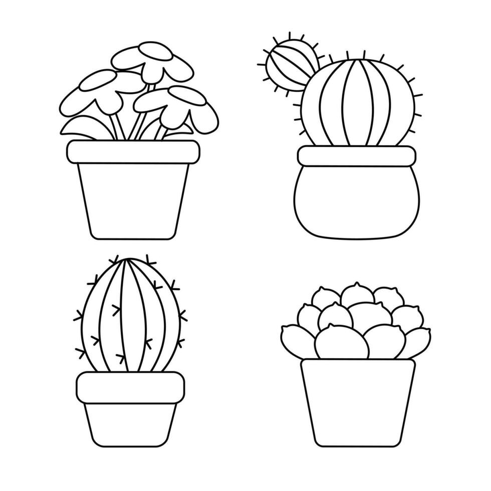 Set of doodle potted plants. Chamomile, cactus and succulent vector doodle