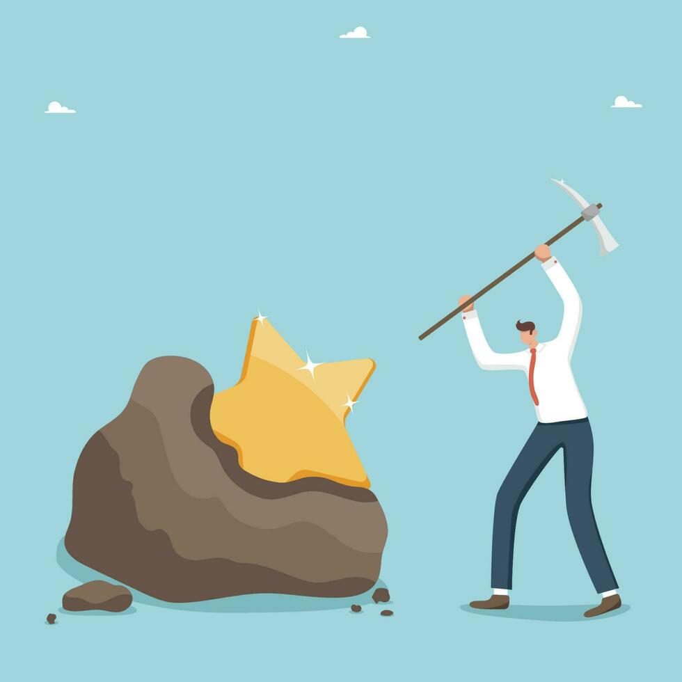 Achieving goals through hard work, highest result in deeds and work done, career advancement, productivity or success in solving business problems, man a breaks cobblestone with a pick to find a star. vector