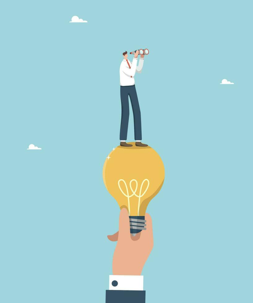 Teamwork and brainstorming, leadership in solving problems and overcoming difficulties, helping to create creative ideas for business, a large hand holding a light bulb with a man looking binoculars. vector