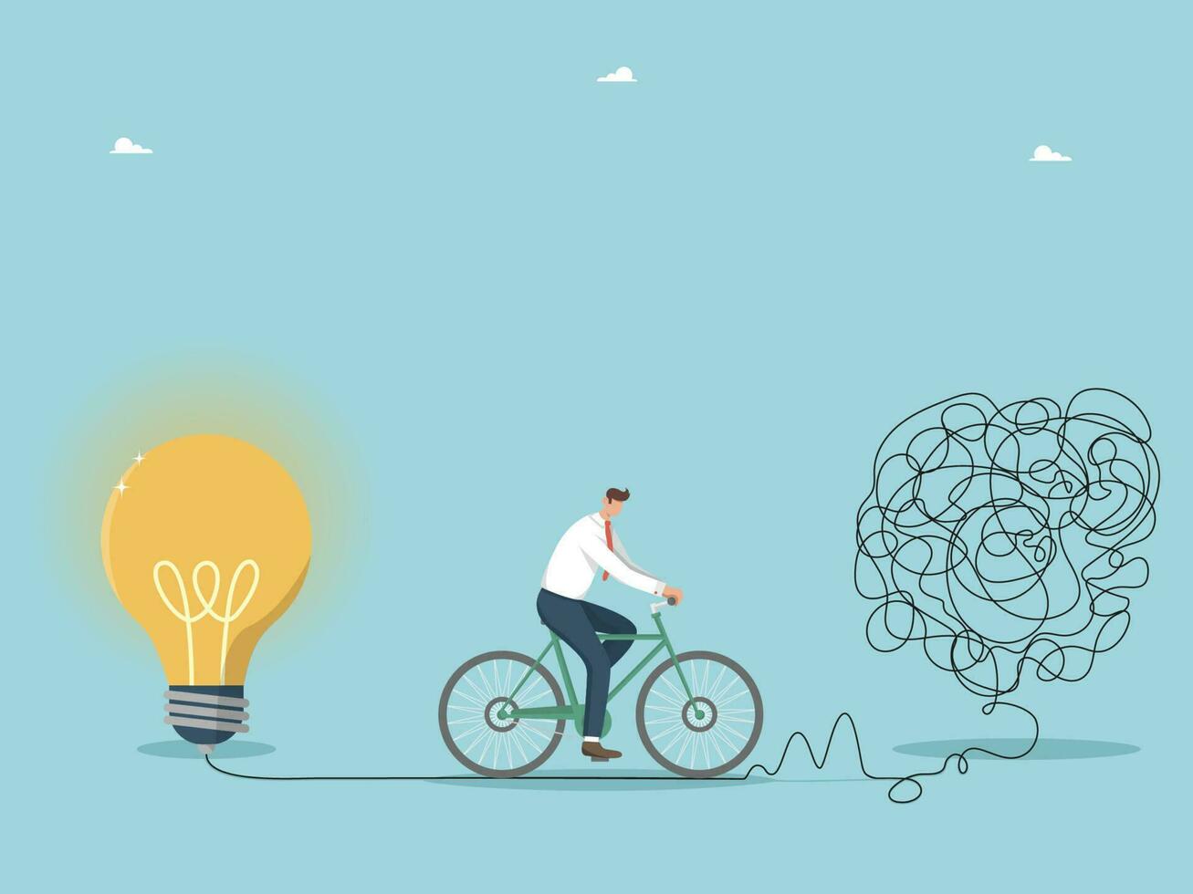 Creative thought process and thinking, the ability to solve problems and find ways out of difficult situations, intelligence and wisdom, man on a bicycle turns confused thoughts into innovative ideas. vector