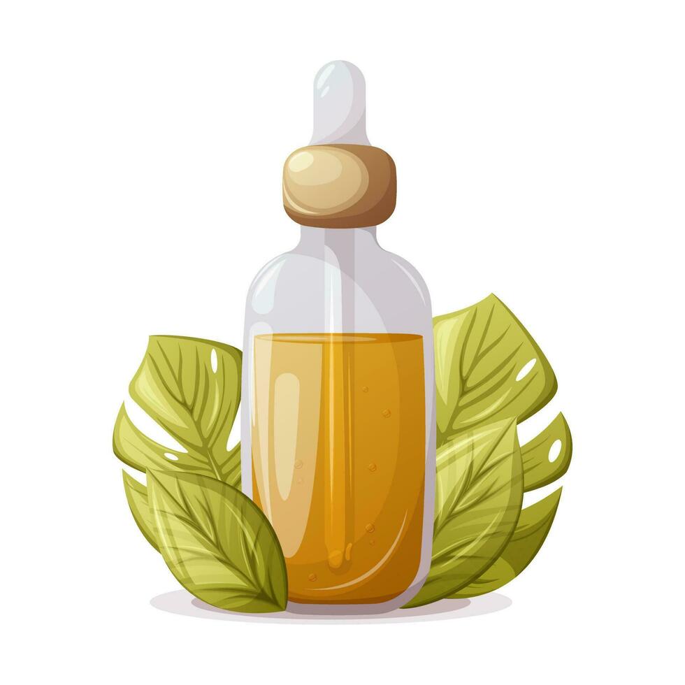 Glass bottle with a pipette with oil serum surrounded by tropical monstera leaves. Side view. Cosmetic fluid for skin care. Trendy vector illustration.