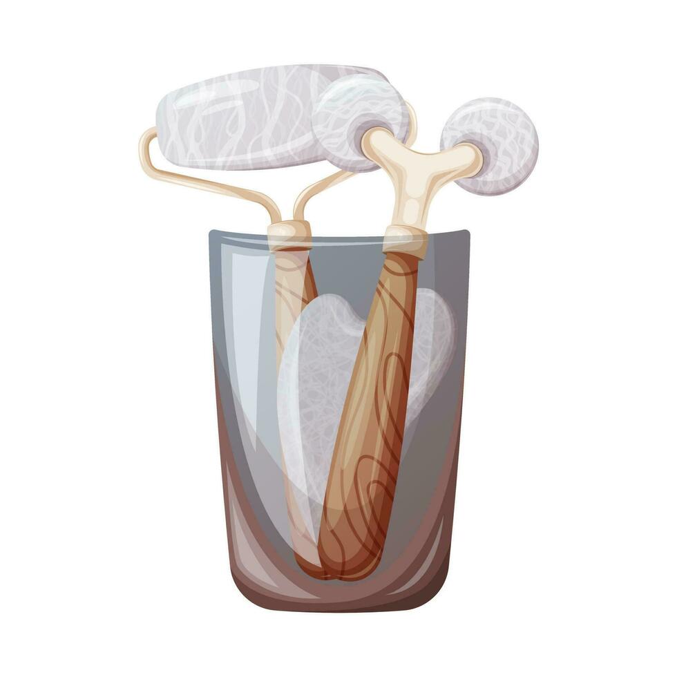 Glass cup with rollers and gua sha scraper made of natural stone, white agate, rose quartz for face and body massage. Concept for skin care. Trendy vector illustration.
