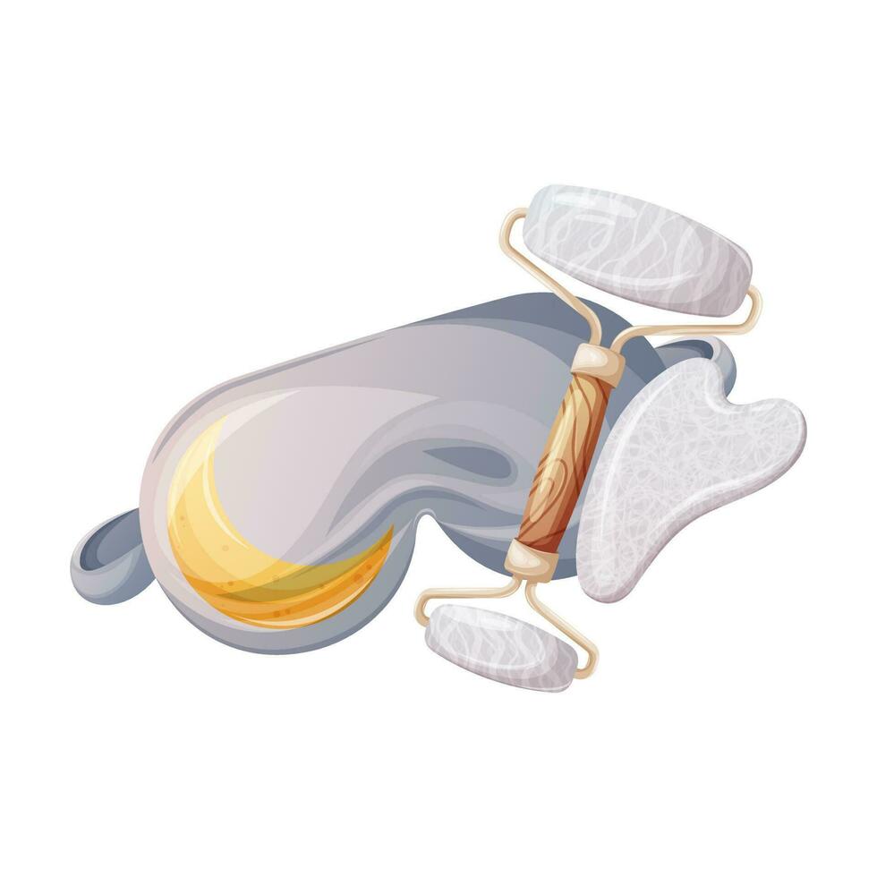 Eye mask for comfortable sleep and travel, double-sided facial massage roller and white agate  gua sha. Skin care before and after waking up. Health, relaxation concept. Vector illustration