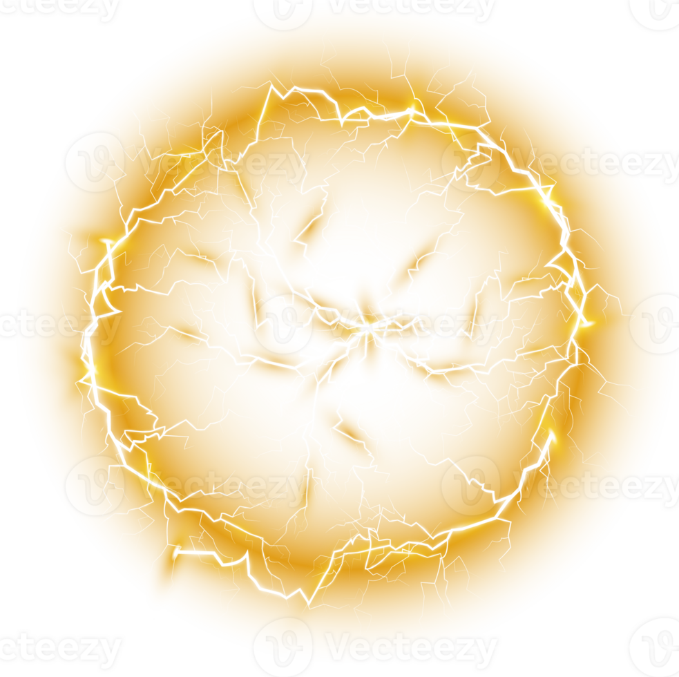 Yellow Ball lightning. Abstract electric lightning strike. Light flash, thunder, spark. PNG. png