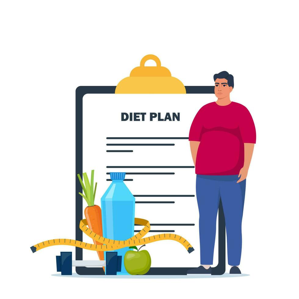 Fat man standing on weigh scales. Diet plan checklist. Healthy food and sports. Vector illustration.