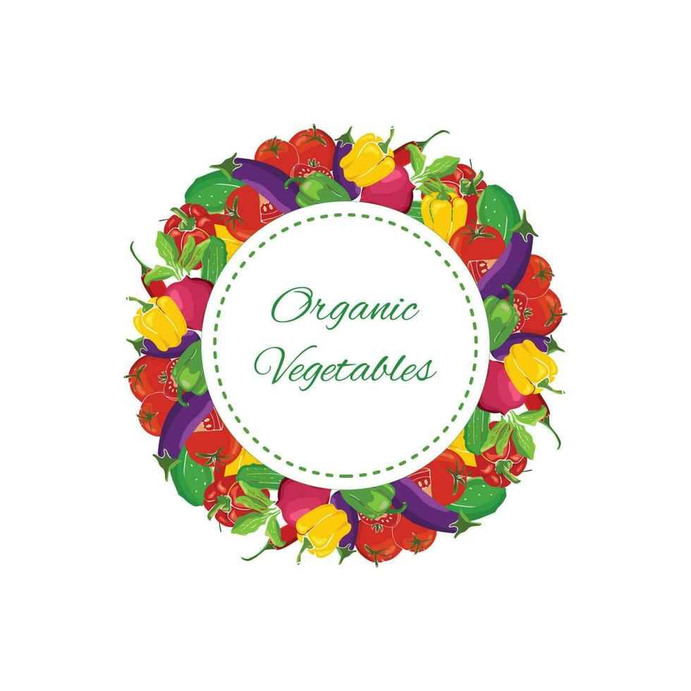 Organic vegetables circular frame, vegetable wreath, for label, stickers, banner vector