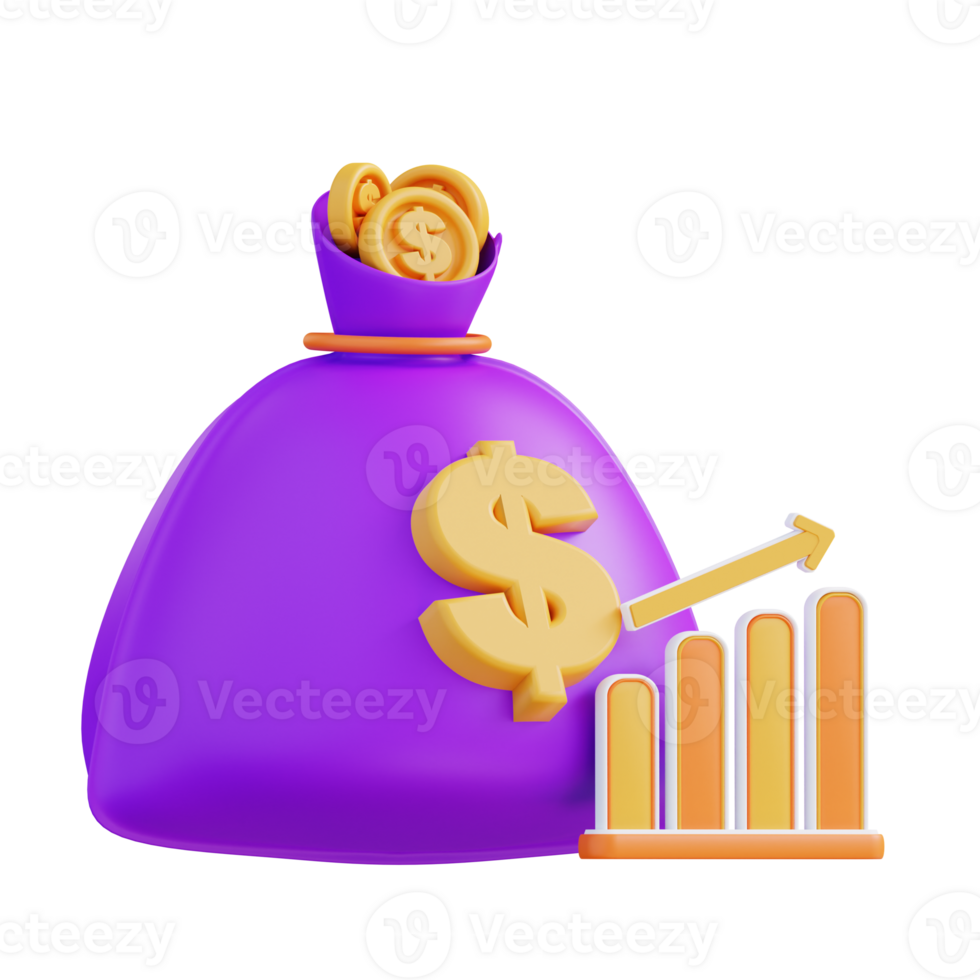 3d illustration of money bag and rising financial graph png