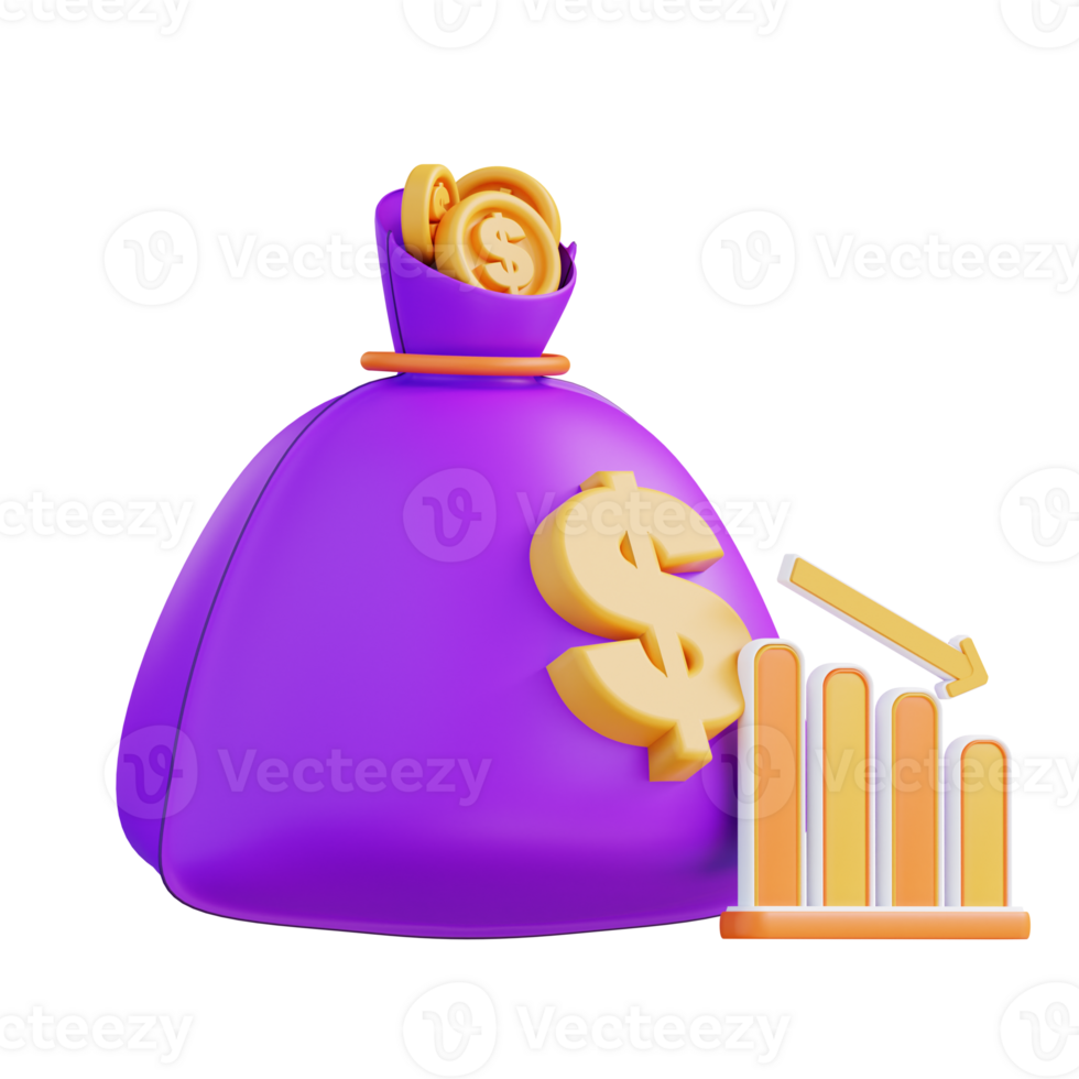 3d illustration of money bag and declining financial graph png
