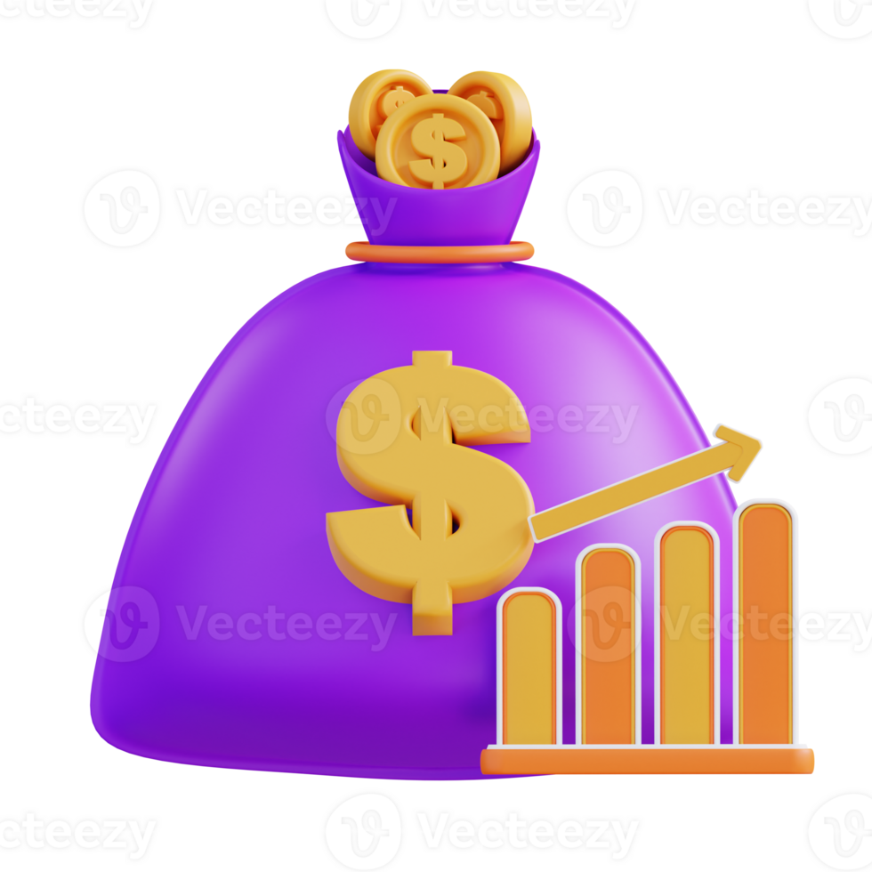 3d illustration of money bag and rising financial graph png