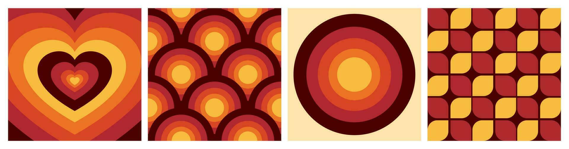 Geometric background 70s Wallpaper set vector vintage or retro red, yellow and brown.