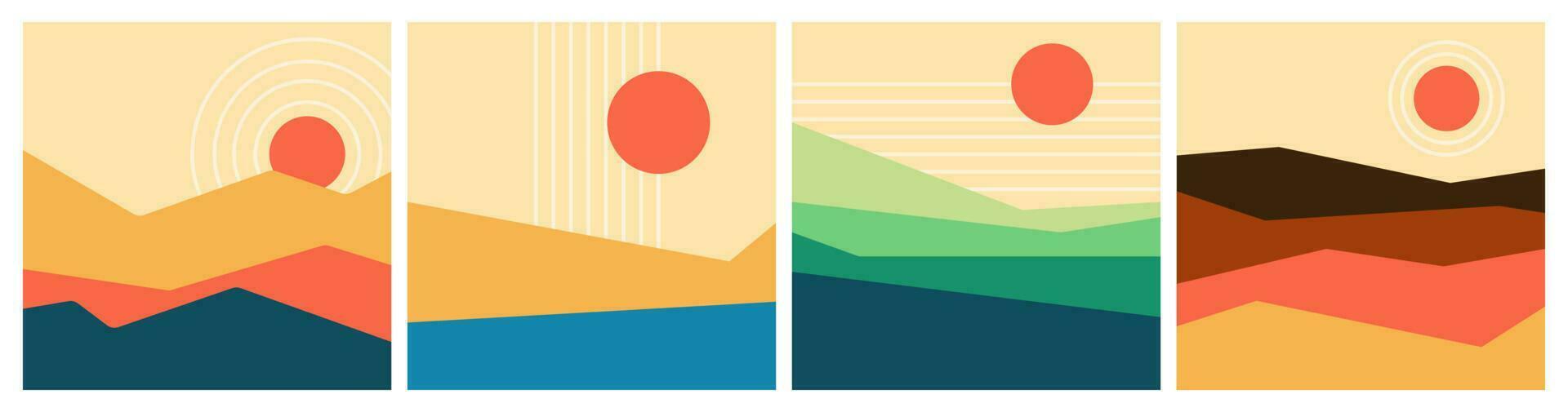 70s retro or vintage Vector illustration. Abstract contemporary aesthetic backgrounds. Flat landscape. Sun in the sky minimalist.