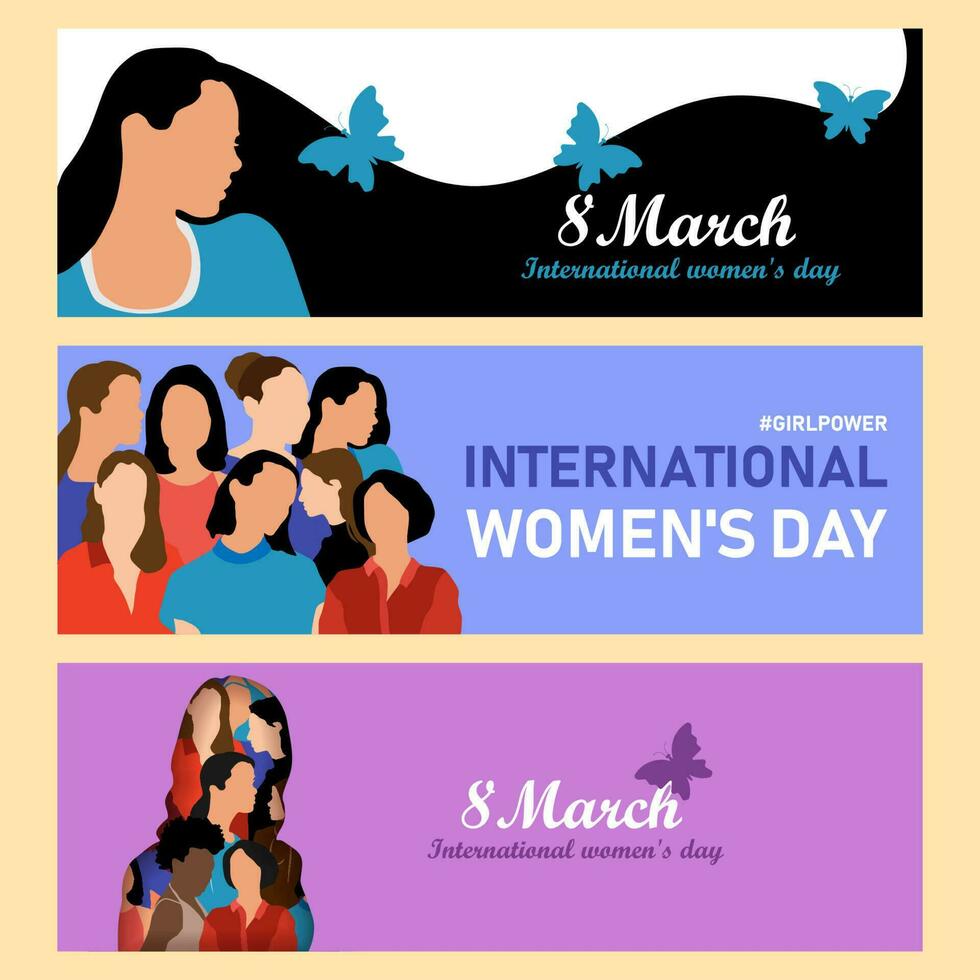 The concept of international womens day. Banners with a girl and flowers on a pink background. Sale. Vector illustration.