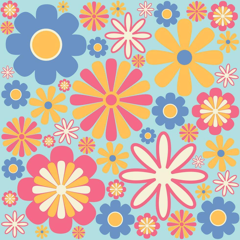 Colorful 60s -70s style retro hand drawn floral pattern. Pink and yellow flowers. Vintage seamless vector background. Hippie style, print for fabric, swimsuit, fashion prints and surface design.