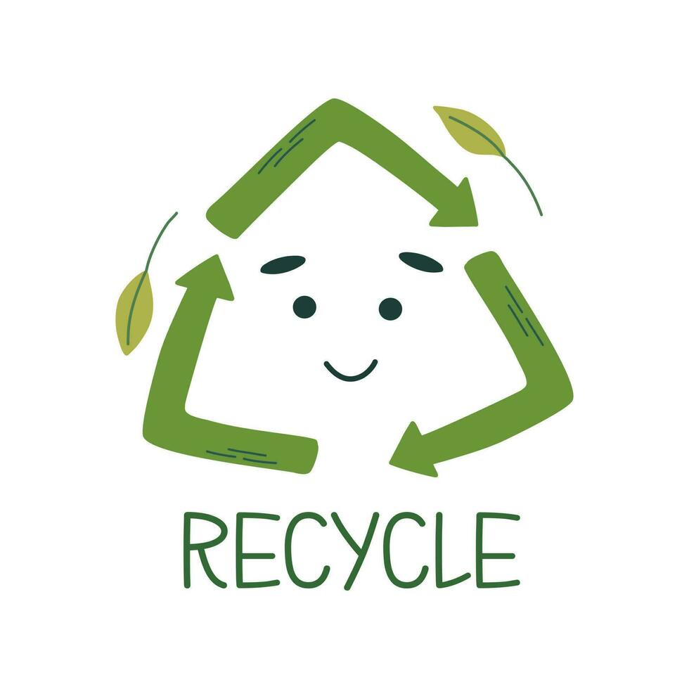 Recycle symbol with green arrows, smiling face, leaves and lettering. Flat style vector logo. Zero waste, environmental conservation concept.