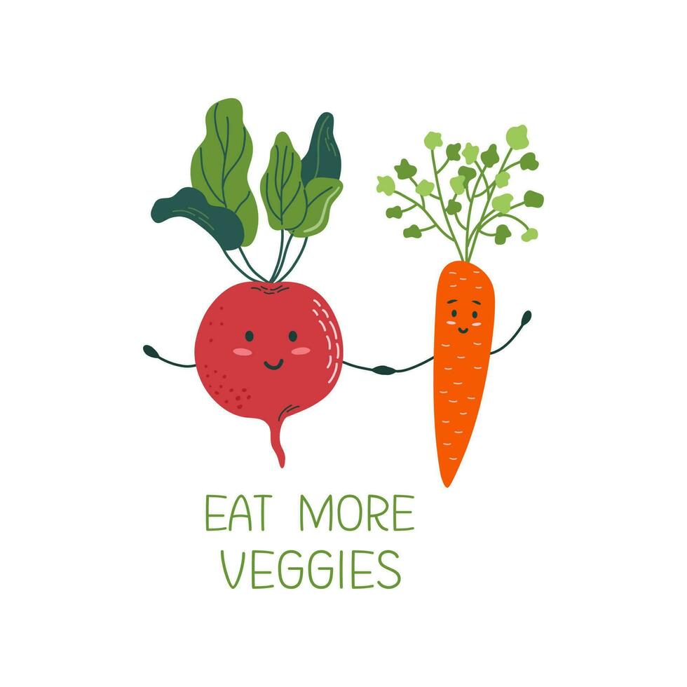 dibujos animados verduras caracteres. comer más verduras letras. póster con linda raíz de remolacha y zanahoria. sostenible estilo de vida concepto. plano estilo vector ilustración.