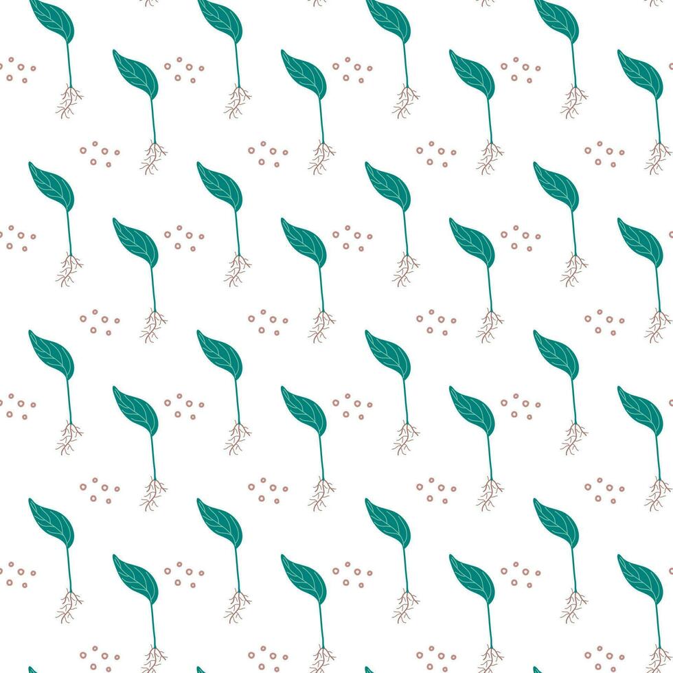 Seamless pattern with sprouts. Plant with leaf and roots. Home gardening and plant care concept. Hand drawn minimalistic vector background.