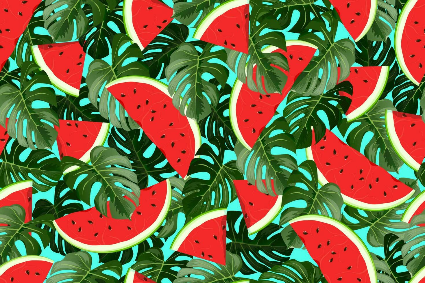 Seamless pattern of tropical monstera leaves and slices of red watermelon on a pale blue background. Vector illustration