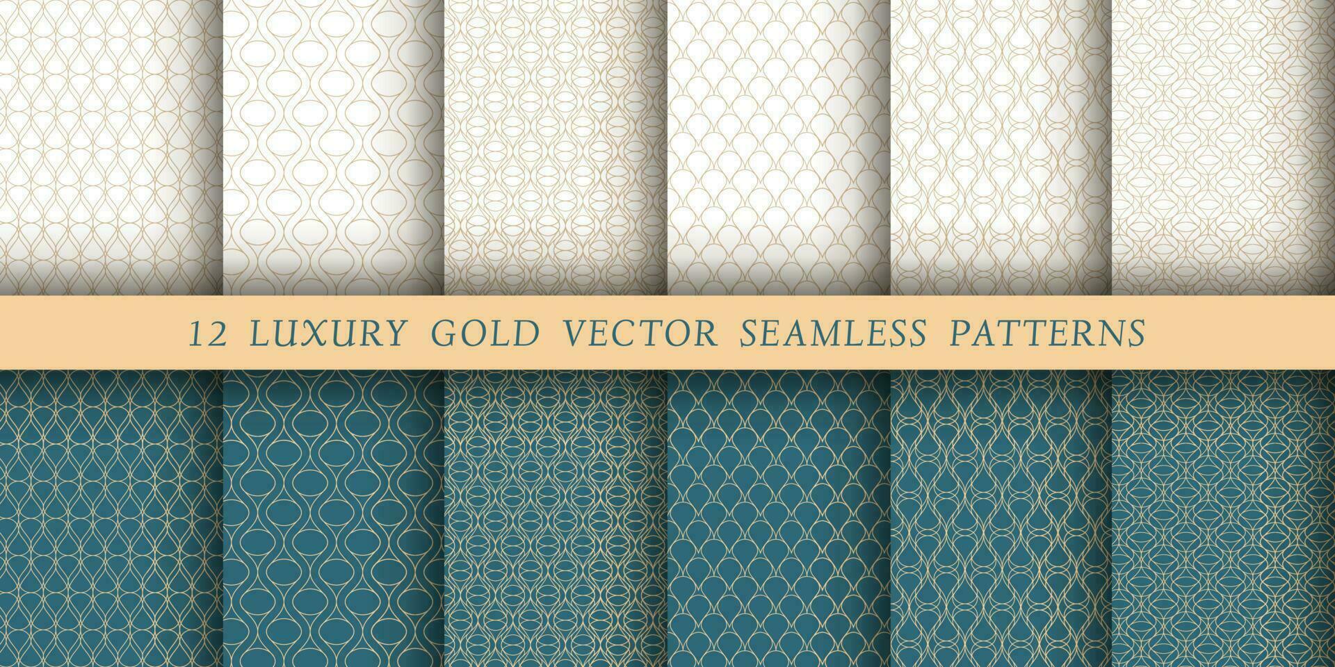 Set of 12 luxurious vector seamless patterns. Geometrical patterns on a white and emerald background. Modern illustrations for wallpapers, flyers, covers, banners, minimalistic ornaments, backgrounds.