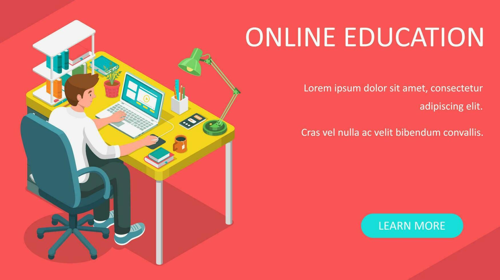 aprendizaje en línea a hogar. estudiante sentado a escritorio y mirando a ordenador portátil. e-learning bandera. web cursos o tutoriales concepto. distancia educación plano isométrica vector ilustración.