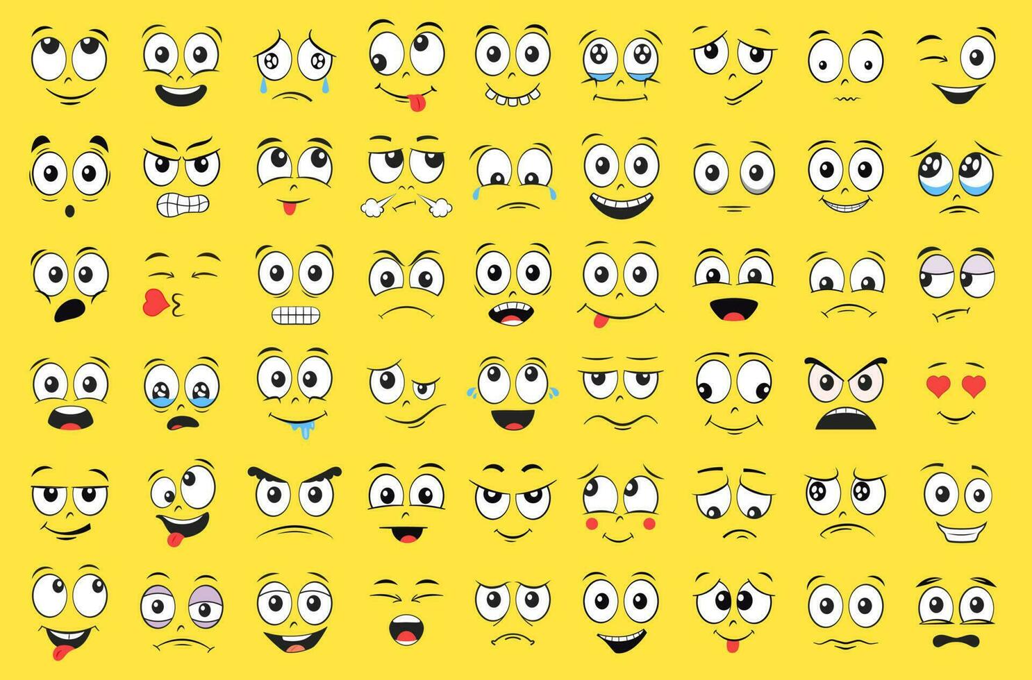 Cartoon faces set. Angry, laughing, smiling, crying, scared and other expressions. Vector illustration.