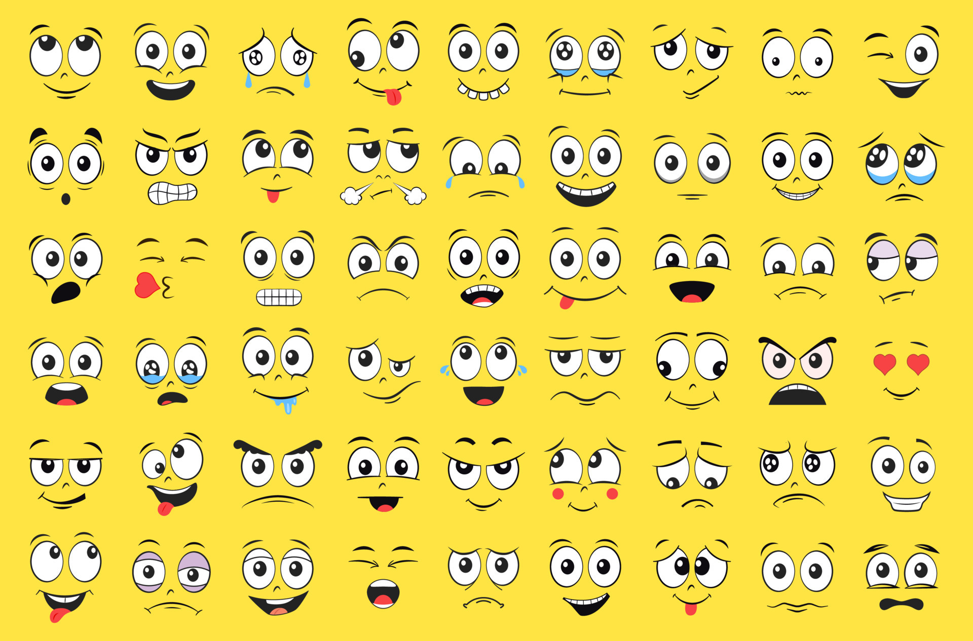 Cartoon faces set. Angry, laughing, smiling, crying, scared and