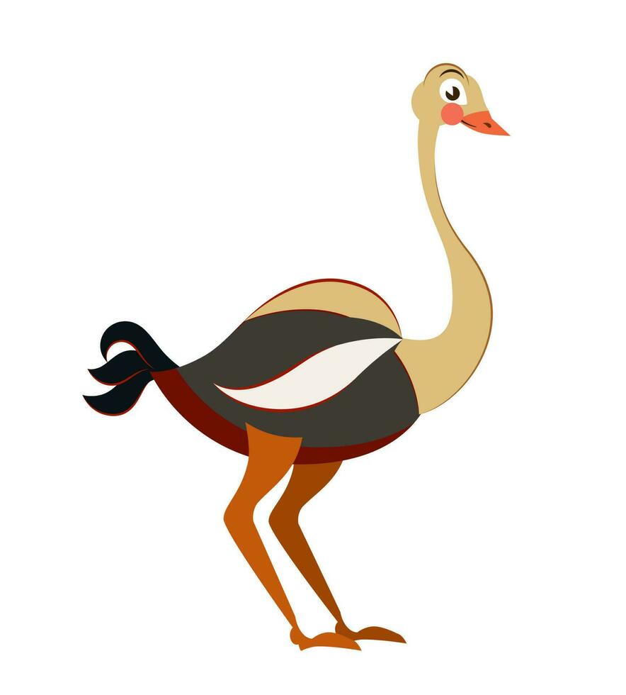 Cute ostrich in flat isolated on white background. Childish style vector illustration. African animal for abc book.