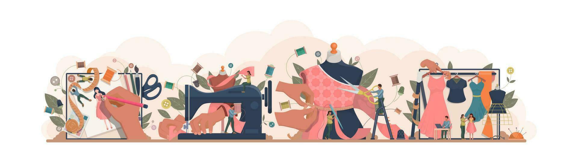 Fashion or clothes designer concept. Tiny tailor masters sewing clothes and working with a mannequin. Designing new collection in sewing studio. Dressmaker working on sewing machine. Vector. vector
