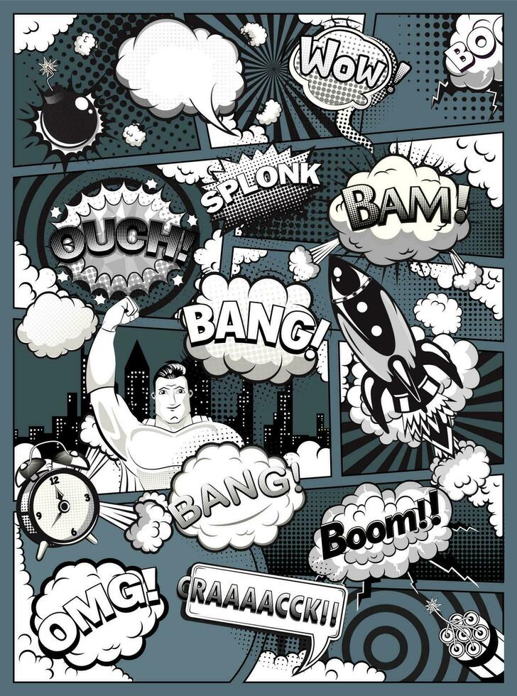 Black and white comic book page divided by lines with speech bubbles, rocket, superhero and sounds effect. Retro background mock-up. Comics template on dark background. Vector illustration