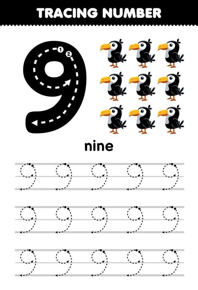 Education game for children tracing number nine with cute cartoon toucan picture printable animal worksheet vector