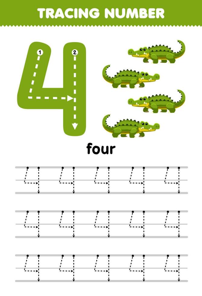 Education game for children tracing number four with cute cartoon crocodile picture printable animal worksheet vector