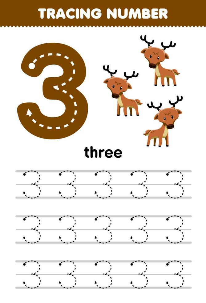 Education game for children tracing number three with cute cartoon deer picture printable animal worksheet vector