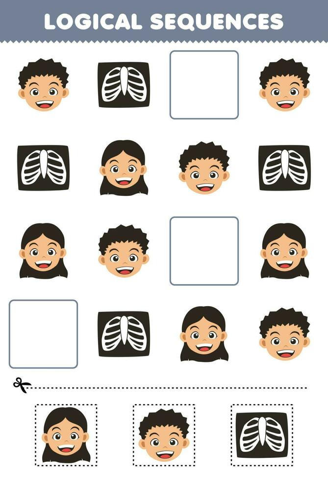 educación juego para niños lógico secuencias para niños con linda dibujos animados cara y radiografía hueso imprimible anatomía hoja de cálculo vector