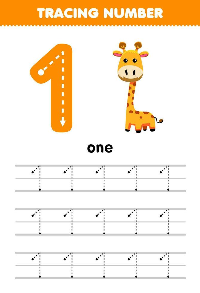 educación juego para niños rastreo número uno con linda dibujos animados jirafa imagen imprimible animal hoja de cálculo vector