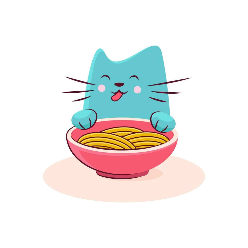 lindo personaje de gato disfruta sabroso ramen vector