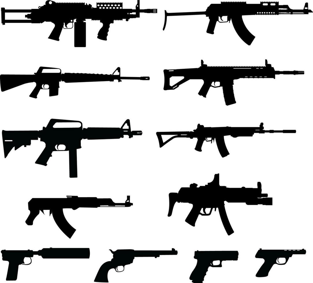 conjunto de diferentes armas silueta vector ilustración