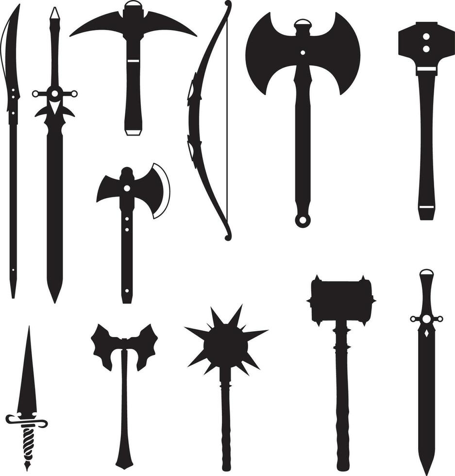 conjunto de diferentes medieval armas silueta vector ilustración