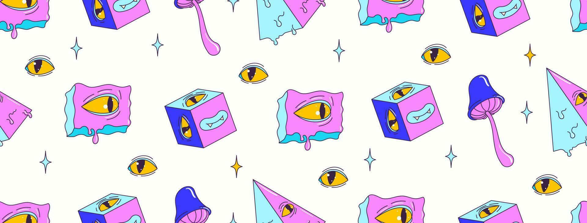 Psychedelic seamless pattern with weird cartoon character and elements. Trippy eye, mushroom, cube, pyramid. Contemporary trendy vector illustration.