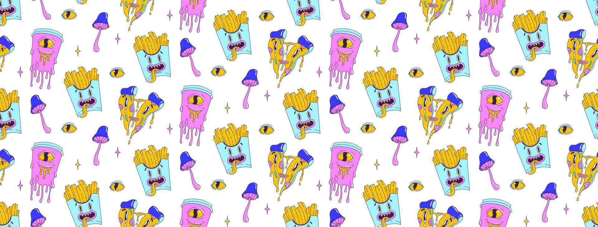 Psychedelic seamless pattern with weird cartoon fast food character and elements. Pizza, french fries, soda. Contemporary trendy vector illustration.