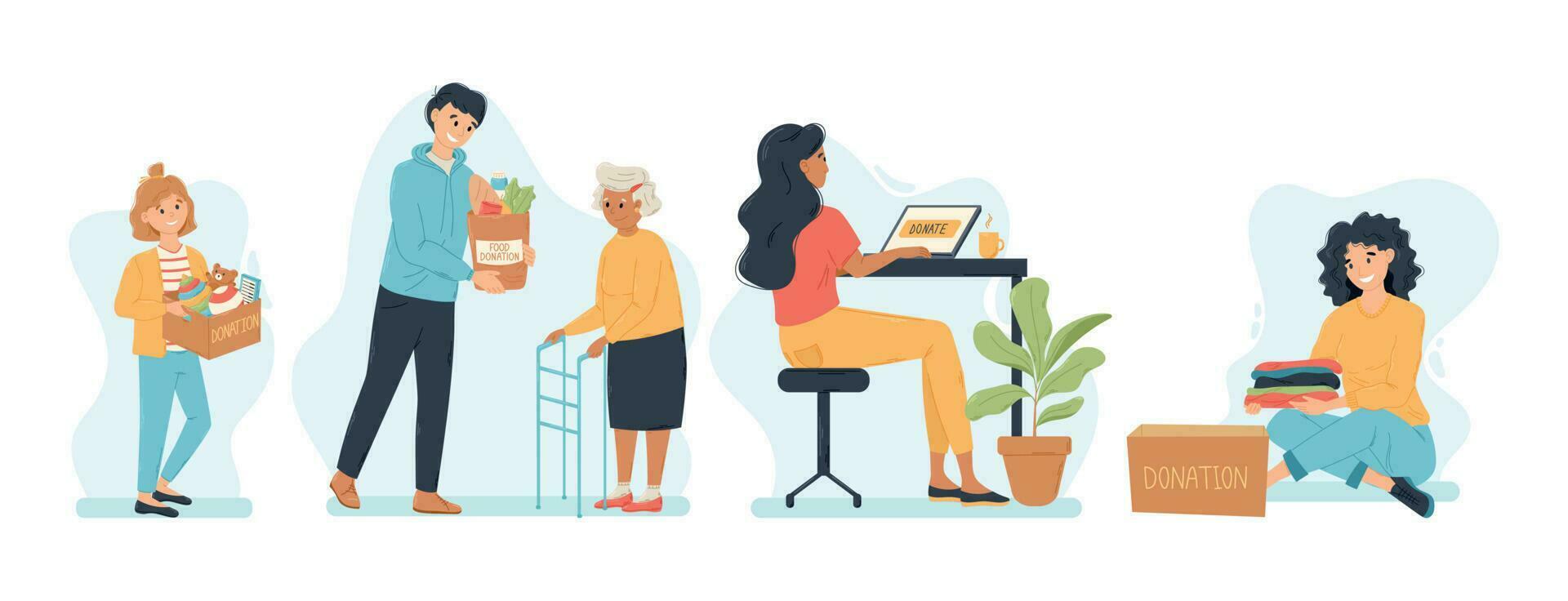 Cartoon Volunteers Donation food, toys and clothes. Set of vector flat illustrations of people providing social Support. Help the Poor, the elderly and the disabled.