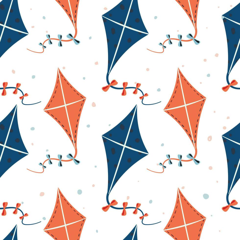 Vector seamless summer pattern. Cartoon flying kites on a ribbon with bows. Children toys and outdoor activities for the holiday. Background or wrapping paper design