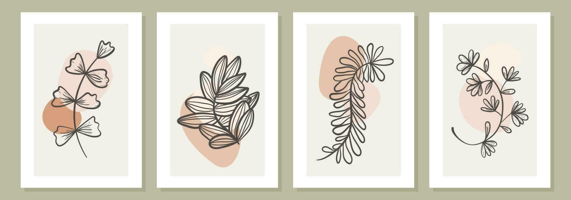 Set of simple vector art posters in white frame. Doodle line art branches and twigs with leaves, flower buds and petals. Abstract minimalistic shapes for design, print or wallpaper.