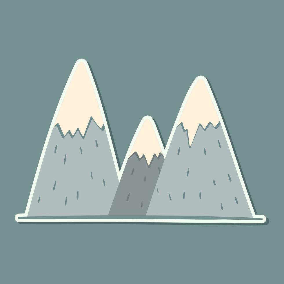 Vector childish image in the Scandinavian style. Cartoon doodle mountains with snowy peaks. Baby sticker or decor element.