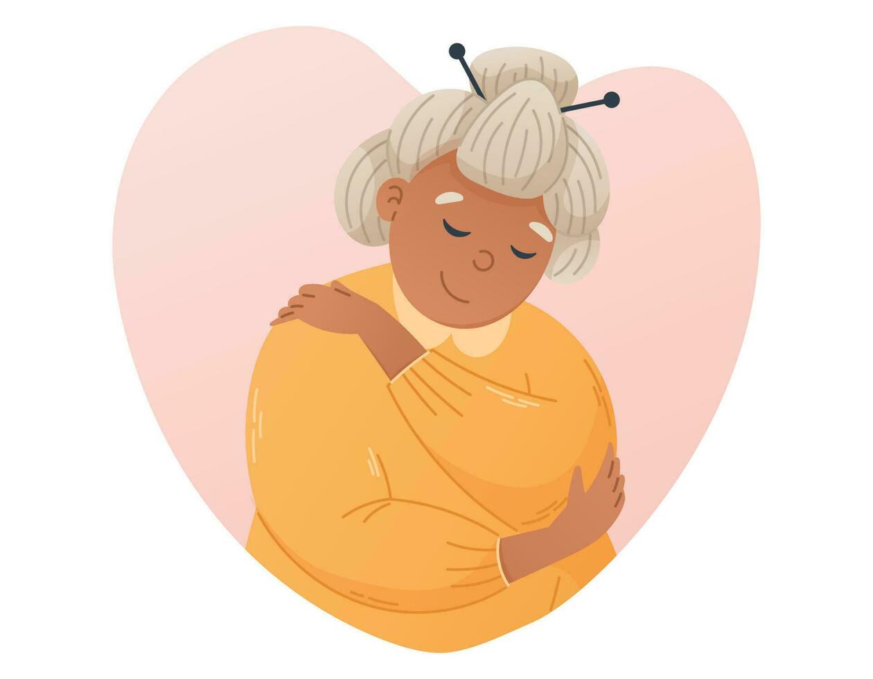 Self Love concept. Cartoon Old Gray Haired Woman Hugging herself. Vector flat illustration of a pensioner Respecting and Accepting herself.