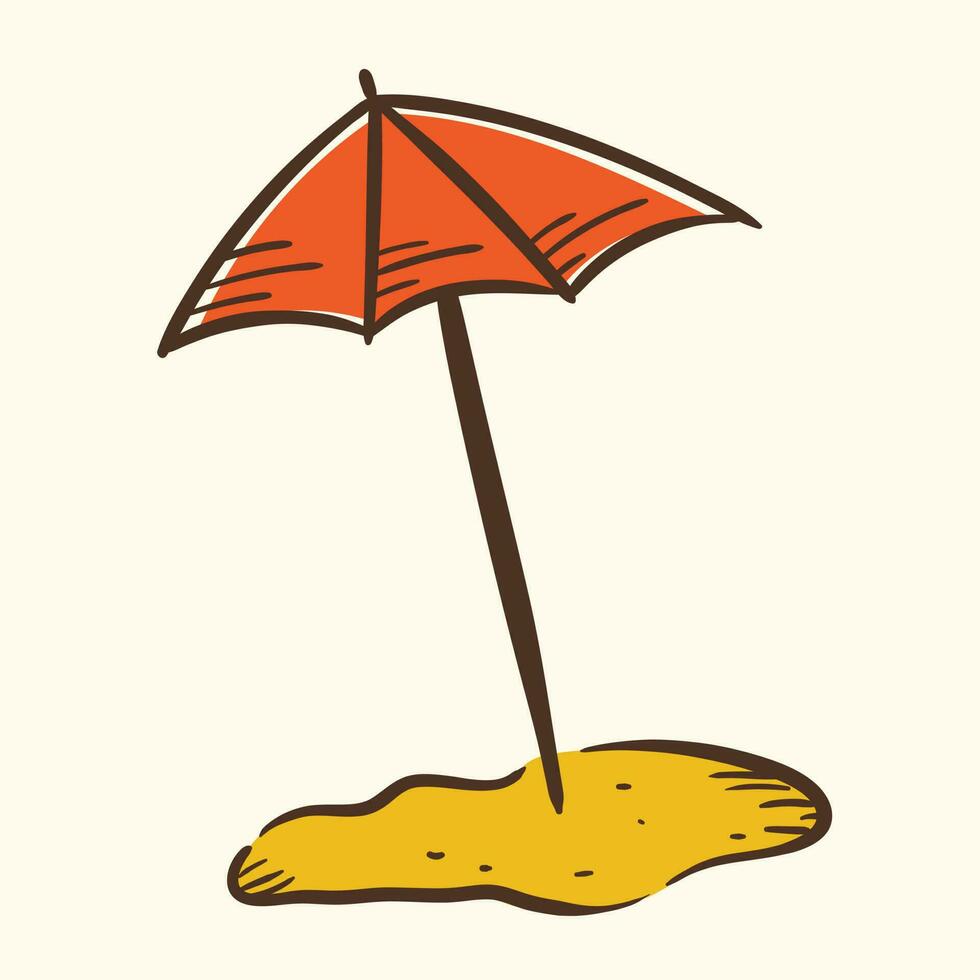 Vector isolated doodle image. Beach umbrella on the sand. Summer sticker, design element on the theme of sea or ocean holidays.