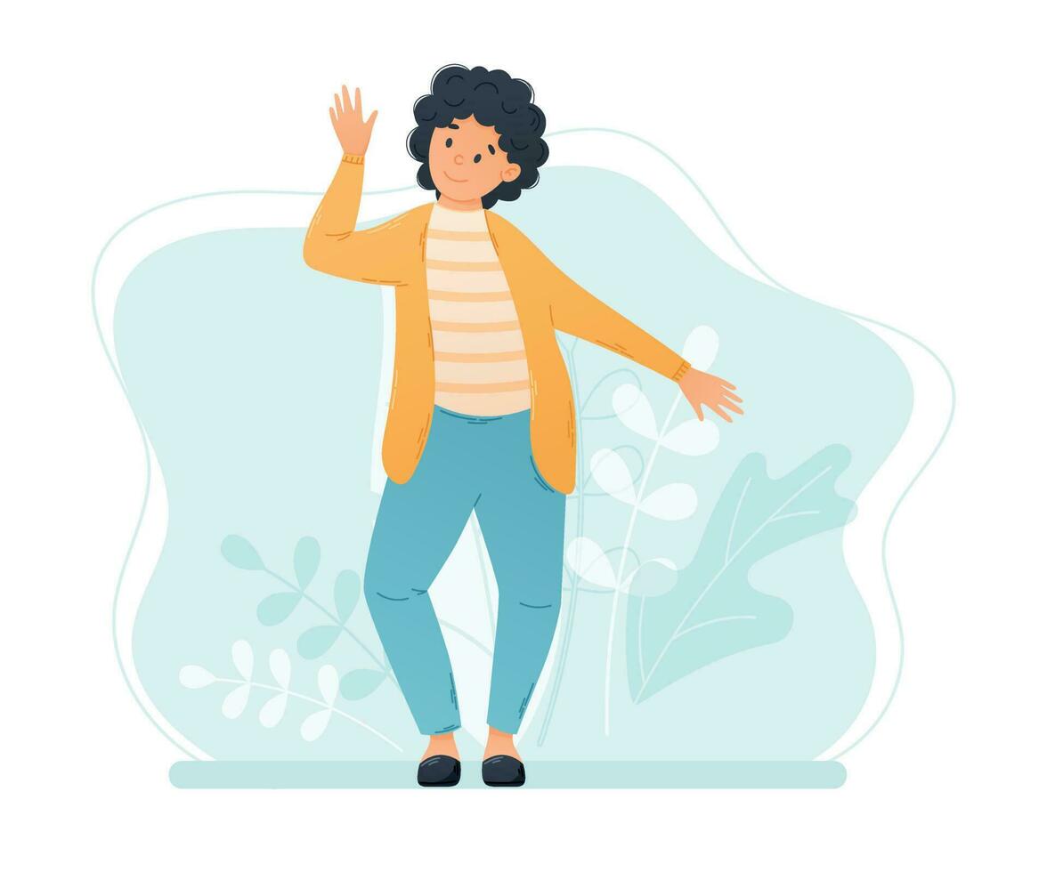 Young cartoon curly Woman Waving her hand. Vector flat illustration of Standing Greeting cheerful person.